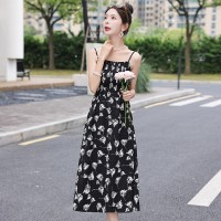 现货2024夏季花朵收腰黑色气质小个子长裙