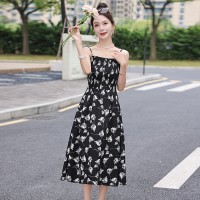 现货2024夏季花朵收腰黑色气质小个子长裙