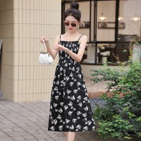 现货2024夏季花朵收腰黑色气质小个子长裙