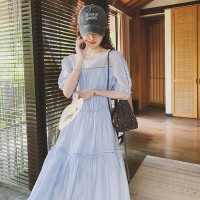 【现货2024】淡蓝色镂空花边高品质透气连衣裙夏D165