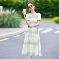 现货新款2024年渐变色泡泡袖松紧收腰法式连衣裙