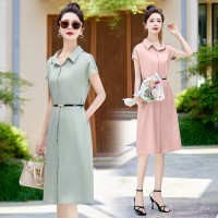 衬衫连衣裙女夏季新款POLO领通勤简约收腰显瘦正式场合中长款裙子
