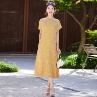 在仓短袖新中式2024年夏季织锦缎提花圆领真口袋中长款连衣裙