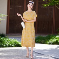 在仓短袖新中式2024年夏季织锦缎提花圆领真口袋中长款连衣裙