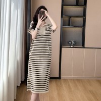 polo领条纹针织连衣裙女春夏宽松慵懒风直筒休闲长款t恤裙子