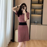 法式小香风冰丝针织连衣裙女夏款显瘦气质千鸟格A字裙百搭裙