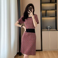 法式小香风冰丝针织连衣裙女夏款显瘦气质千鸟格A字裙百搭裙