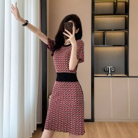 法式小香风冰丝针织连衣裙女夏款显瘦气质千鸟格A字裙百搭裙