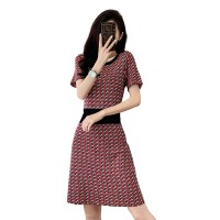 法式小香风冰丝针织连衣裙女夏款显瘦气质千鸟格A字裙百搭裙
