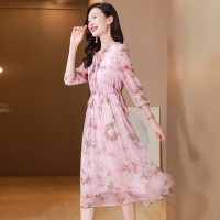 2024夏季中长款系带五分袖不规则裙单件优雅气质真丝连衣裙