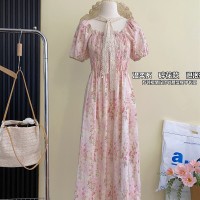 ~安璃晕染夏日油画风法式连衣裙女法式方领一字肩裙子