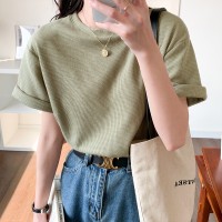 抹茶绿短袖T恤女韩版2024年新款华夫格宽松百搭上衣ins