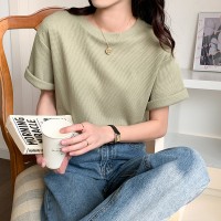 抹茶绿短袖T恤女韩版2024年新款华夫格宽松百搭上衣ins