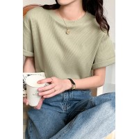 抹茶绿短袖T恤女韩版2024年新款华夫格宽松百搭上衣ins