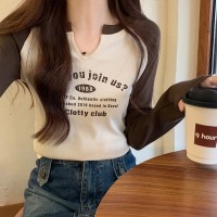 美式复古螺纹长袖女秋撞色插肩内搭打底衫不规则短款上衣