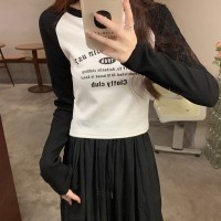 美式复古螺纹长袖女秋撞色插肩内搭打底衫不规则短款上衣