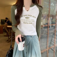 美式复古螺纹长袖女秋撞色插肩内搭打底衫不规则短款上衣