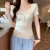 蕾丝花边拼接假两件长袖T恤女叠穿显瘦白色内搭打底衫潮