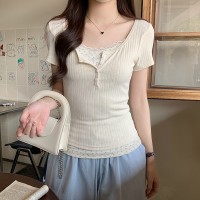 蕾丝花边拼接假两件长袖T恤女叠穿显瘦白色内搭打底衫潮