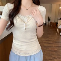 蕾丝花边拼接假两件长袖T恤女叠穿显瘦白色内搭打底衫潮
