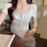 蕾丝花边拼接假两件长袖T恤女叠穿显瘦白色内搭打底衫潮