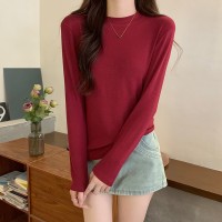 螺纹长袖t恤女2024春秋新款修身百搭西装内搭纯色打底衫