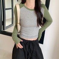 美式撞色正肩长袖t恤女春秋纯棉内搭修身打底衫短款上衣