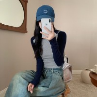 美式撞色正肩长袖t恤女春秋纯棉内搭修身打底衫短款上衣