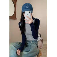 美式撞色正肩长袖t恤女春秋纯棉内搭修身打底衫短款上衣