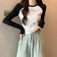 拼接撞色插肩t恤女长袖设计感抽绳下摆不规则上衣打底衫