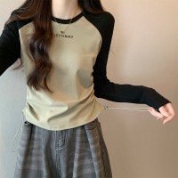 拼接撞色插肩t恤女长袖设计感抽绳下摆不规则上衣打底衫