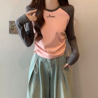 拼接撞色插肩t恤女长袖设计感抽绳下摆不规则上衣打底衫