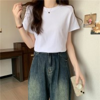 夏季新款韩版宽松显瘦纯色正肩短袖T恤女装
