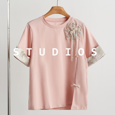 <!--新中式轻GUO风设计感绣花粉色吊坠T恤上衣2024夏季女新款复古短袖-->