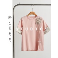 新中式轻GUO风设计感绣花粉色吊坠T恤上衣2024夏季女新款复古短袖