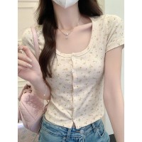 纯欲夏季性感内搭碎花开衫短袖T恤女bm风修身短款上衣女