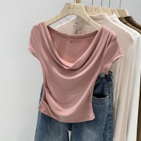 短袖上衣法式一字肩短袖t恤女修身纯欲夏装修身显瘦弹力短袖上衣