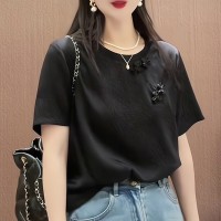 早春夏季短袖T恤女2024新中式GUO风盘扣垂感女装穿搭上衣