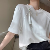 白色新中式流苏短袖T恤女夏季2024GUO风简约设计感小众上衣
