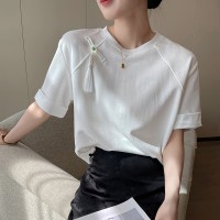 白色新中式流苏短袖T恤女夏季2024GUO风简约设计感小众上衣