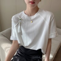 白色新中式流苏短袖T恤女夏季2024GUO风简约设计感小众上衣