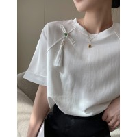 白色新中式流苏短袖T恤女夏季2024GUO风简约设计感小众上衣