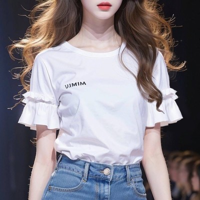 <!--2024年夏季新款女别致绝美独特上衣超好看白色字母荷叶边短袖T恤-->