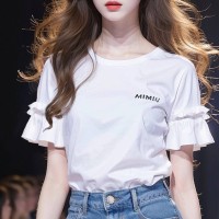 2024年夏季新款女别致绝美独特上衣超好看白色字母荷叶边短袖T恤