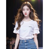 2024年夏季新款女别致绝美独特上衣超好看白色字母荷叶边短袖T恤