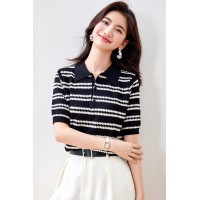 冰丝针织短袖T恤女2024夏季宽松显瘦polo衫条纹上衣