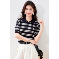 冰丝针织短袖T恤女2024夏季宽松显瘦polo衫条纹上衣