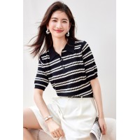 冰丝针织短袖T恤女2024夏季宽松显瘦polo衫条纹上衣