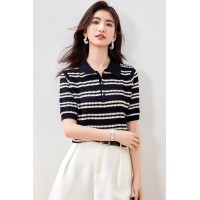 冰丝针织短袖T恤女2024夏季宽松显瘦polo衫条纹上衣