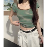 复古撞色条纹纯棉t恤女夏季设计感小众辣妹紧身短款上衣